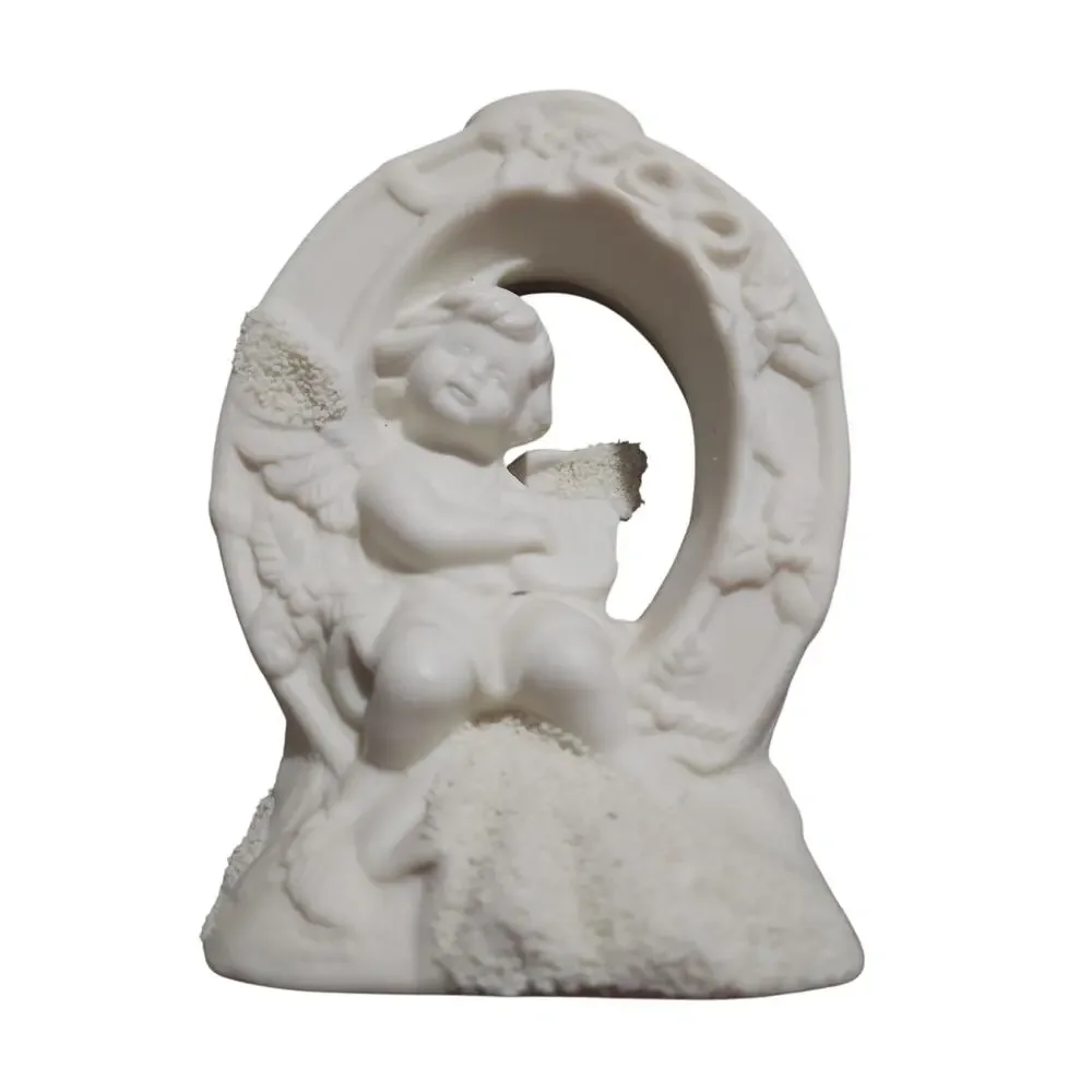 Set of 3 Angel Cherubs White Bisque Porcelain Christmas JOY Candle Holder